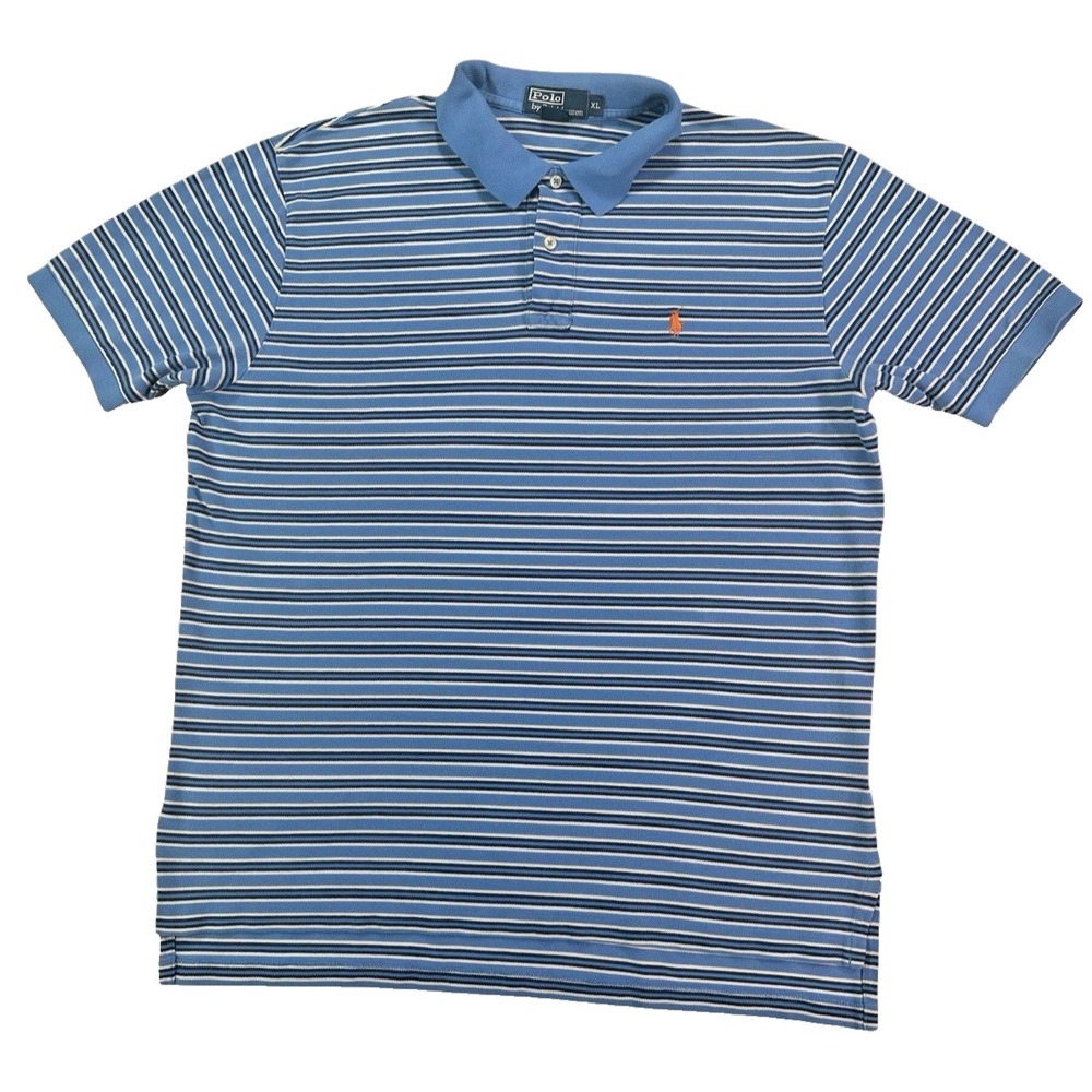 Polo Ralph Lauren Striped Polo Shirt XL Blue White Orange Pony Cotton